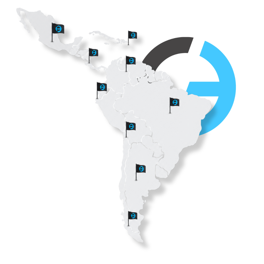 Mapa da Am&eacute;rica Latina com bandeiras da Gera&ccedil;&atilde;o C3 marcando os pa&iacute;ses de atua&ccedil;&atilde;o no Brasil e na LATAM